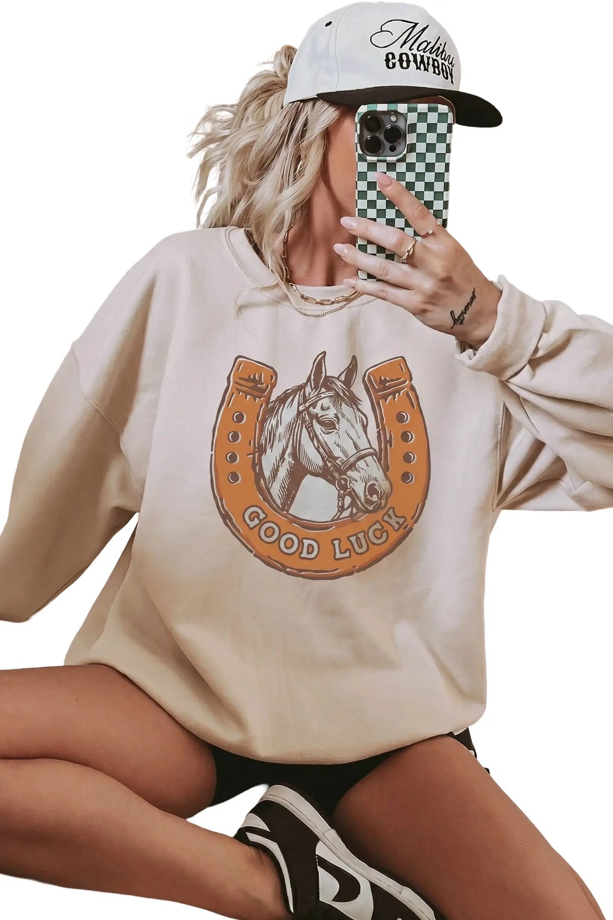 GOOD LUCK Western Horse Print Oversized Pullover Sweatshirt – Beige