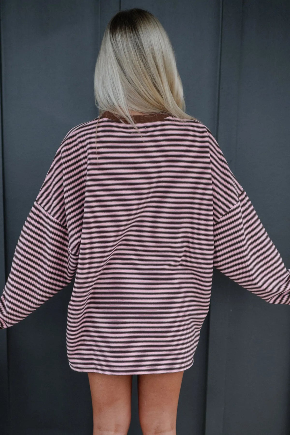 Brown Stripe Long Sleeve Oversized Top Pocketed Casual Shorts Two Piece Set