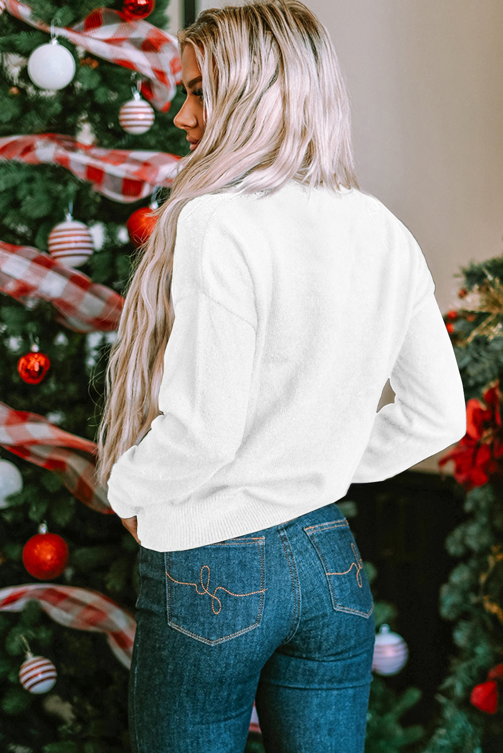 White XOXO Glitter Print Round Neck Casual Sweater eAura