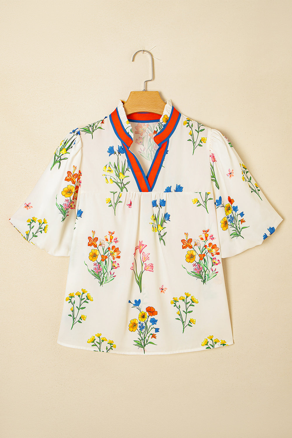 White Floral Short Puff Sleeve Contrast V Neck Print Blouse eAura