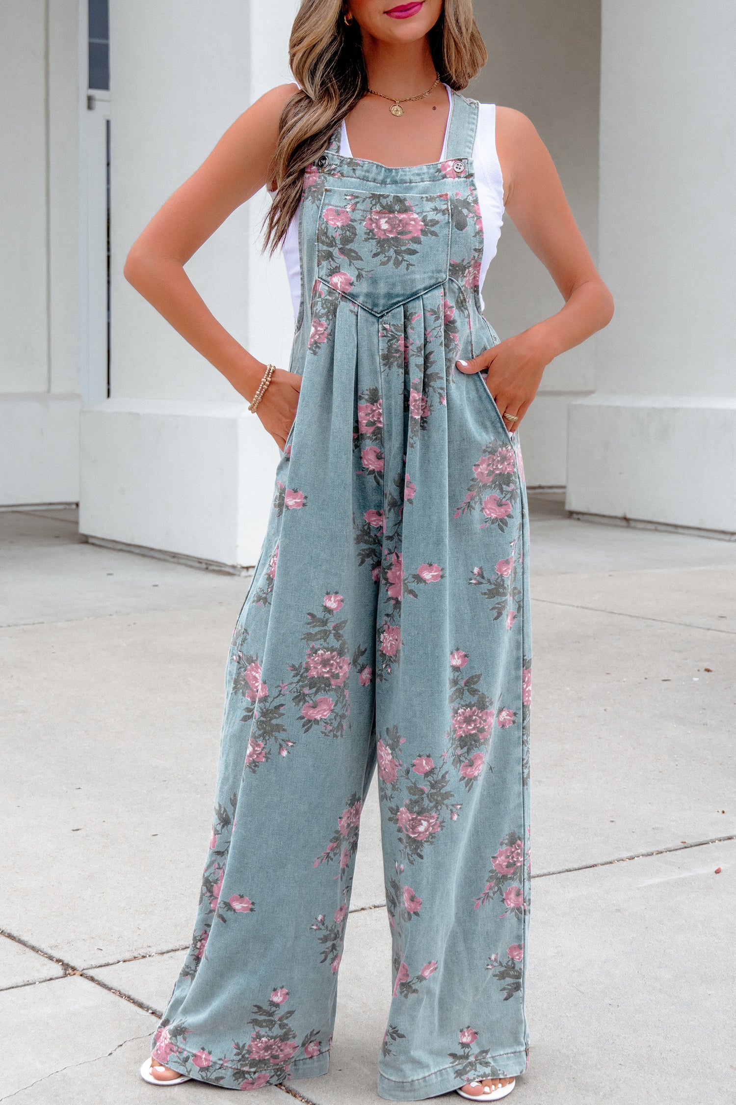 Floral Print Pleated Wide Leg Denim Jumpsuit – High Waist