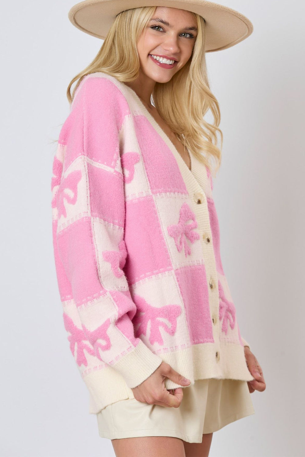 Pink Bowknot Checkered Pattern V Neck Drop Shoulder Button Up Cardigan Beagle Boutique Fashion Outlet