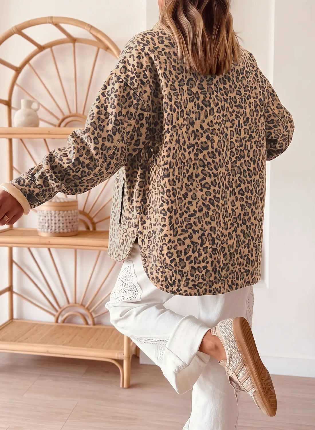 Leopard Print Collar Long Sleeve Patch Pocket Shift Denim Jacket – Khaki