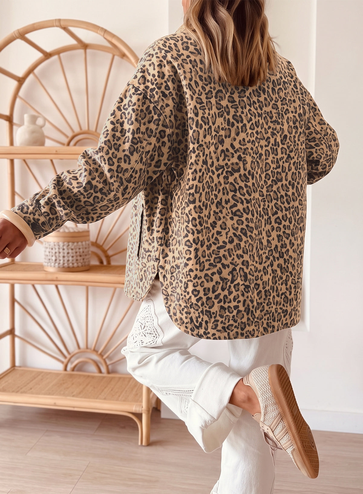Leopard Print Collar Long Sleeve Patch Pocket Shift Denim Jacket – Khaki