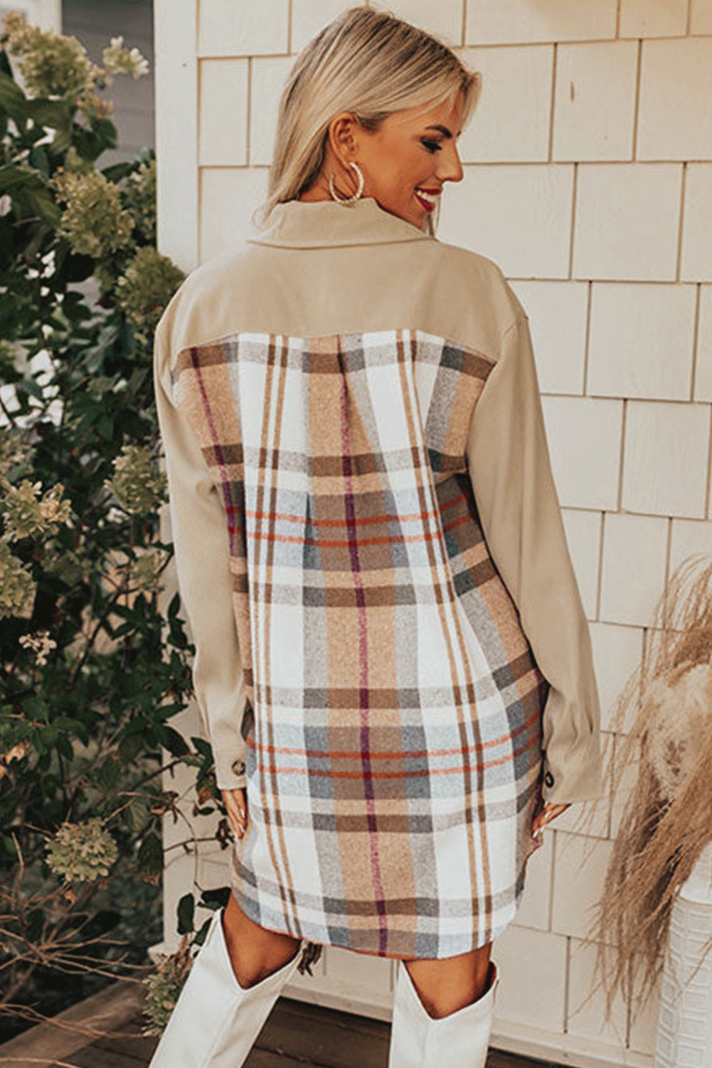 Khaki Plaid Patchwork Long Sleeve Shirt Mini Dress eAura