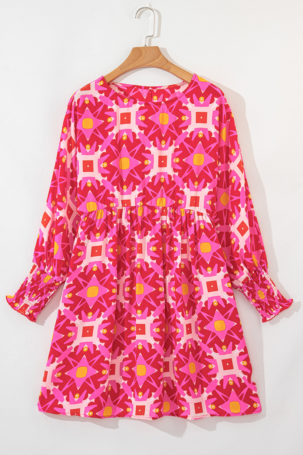 Strawberry Pink Geometric Print Smocked Long Sleeve Mini Dress eAura