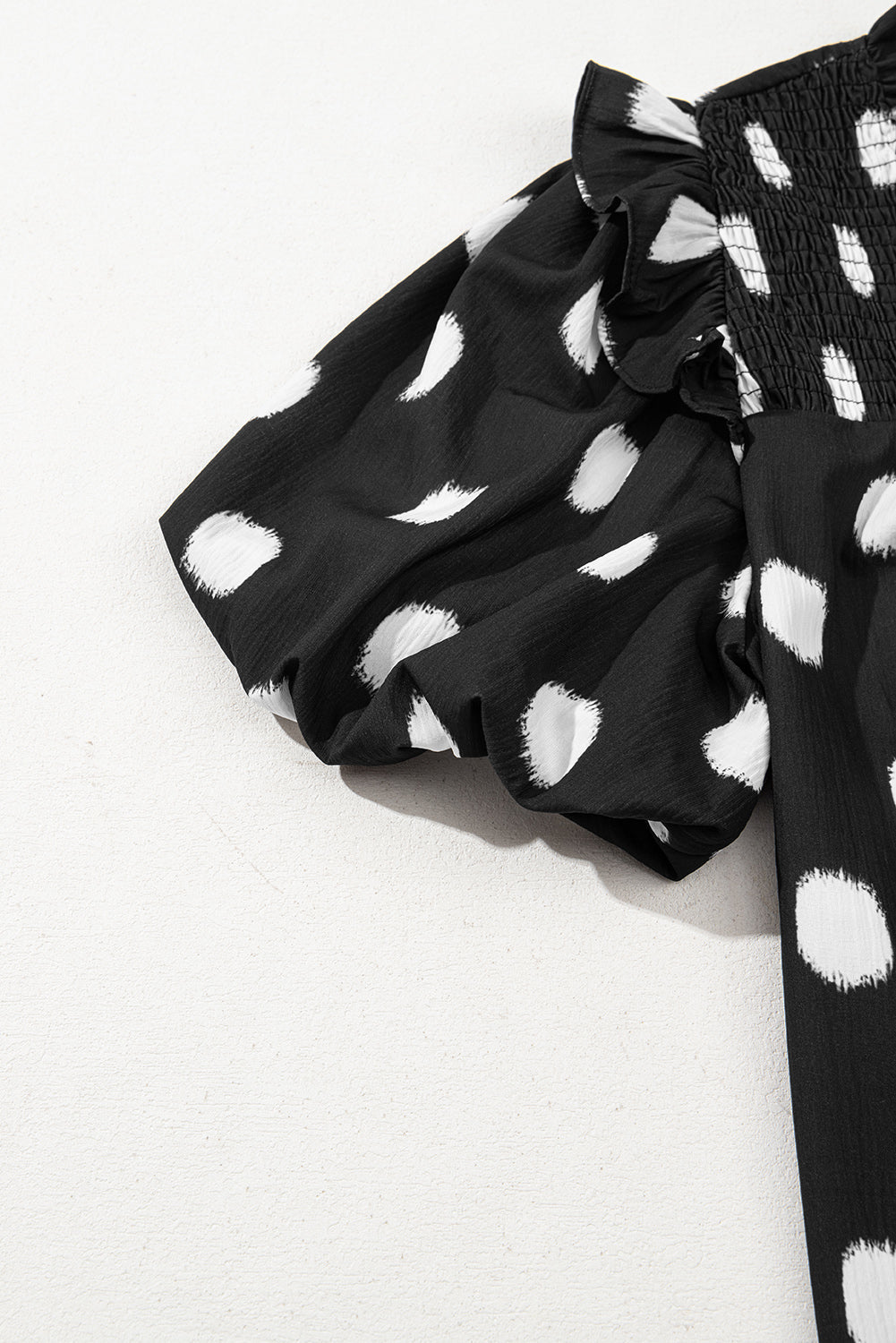 Black Polka Dot Print Shirred Yoke Notched Neck Balloon Sleeve Blouse eAura
