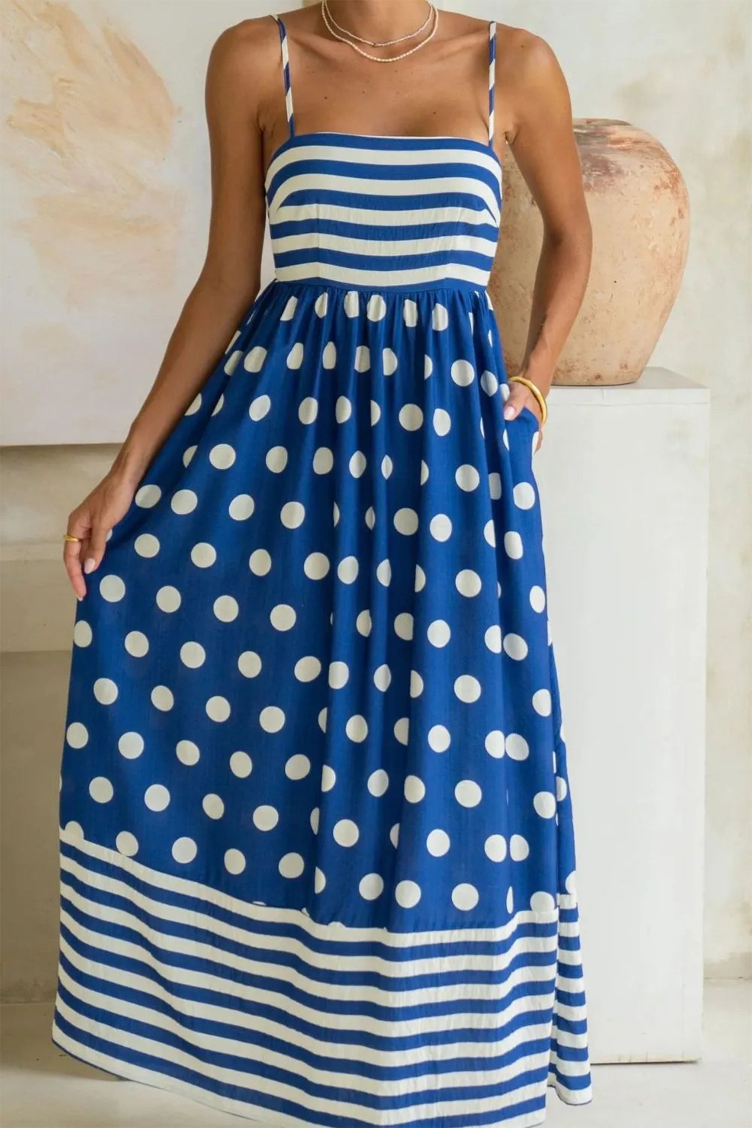 Striped Polka Dot Patchwork High Waist Spaghetti Straps Maxi Dress