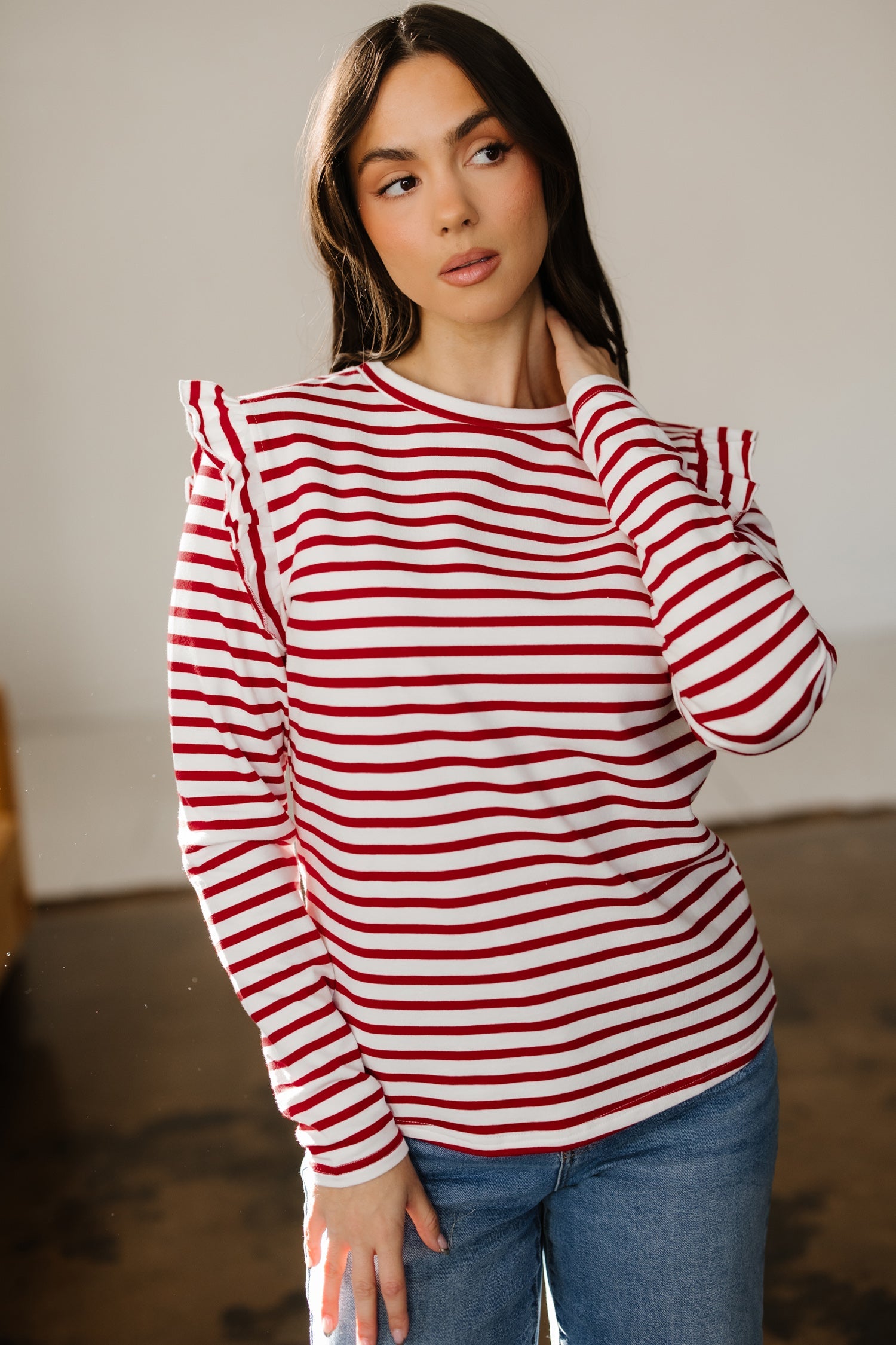 Stripe Round Neck Ruffle Trim Long Sleeve Top - Tops/Long Tops