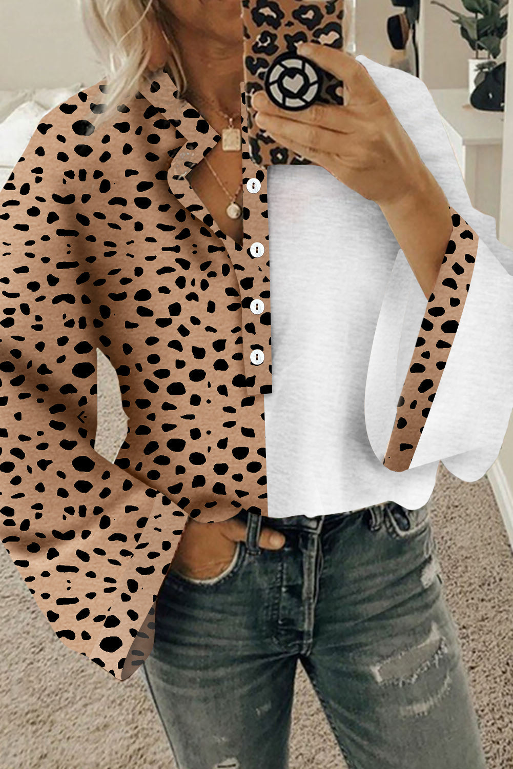 Khaki Leopard Contrast Half Button Casual Blouse eAura