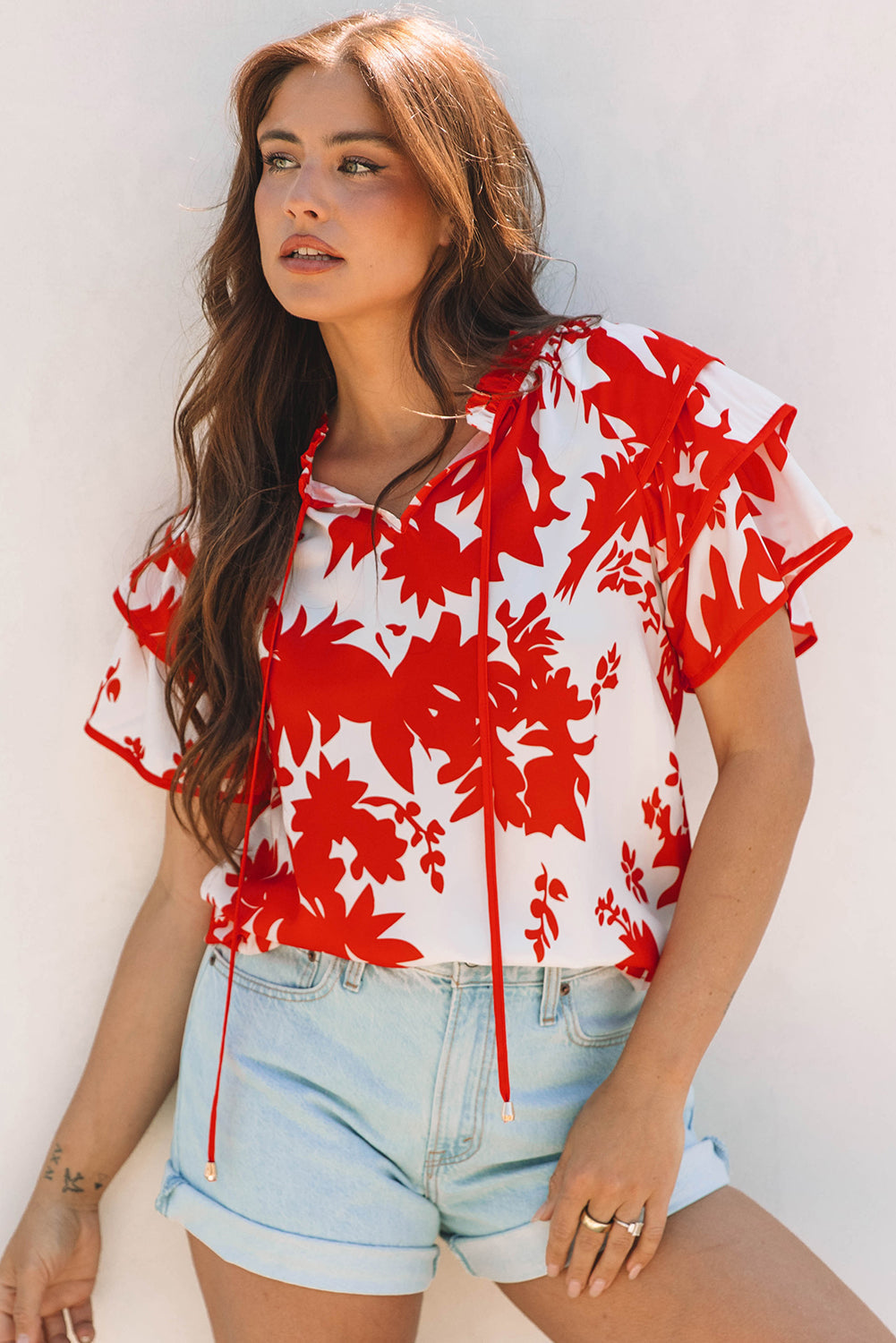 Red Plant Print Tiered Ruffled Sleeve V Neck Blouse eAura