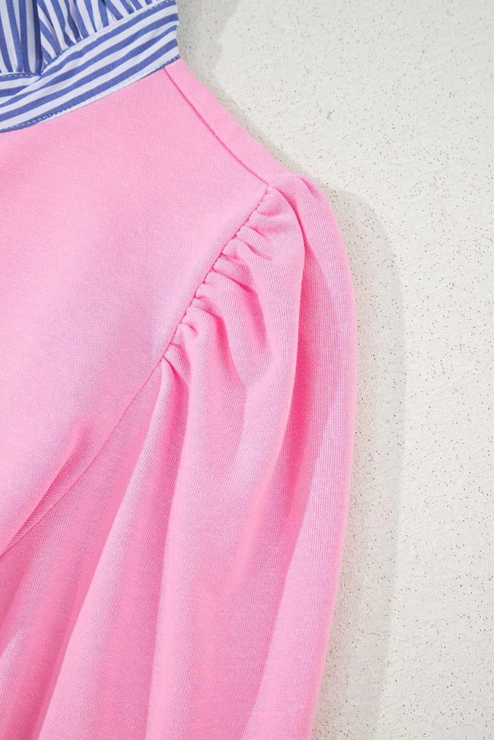 Button Striped Collar Patchwork Puff Sleeve Sweatshirt - eAura
