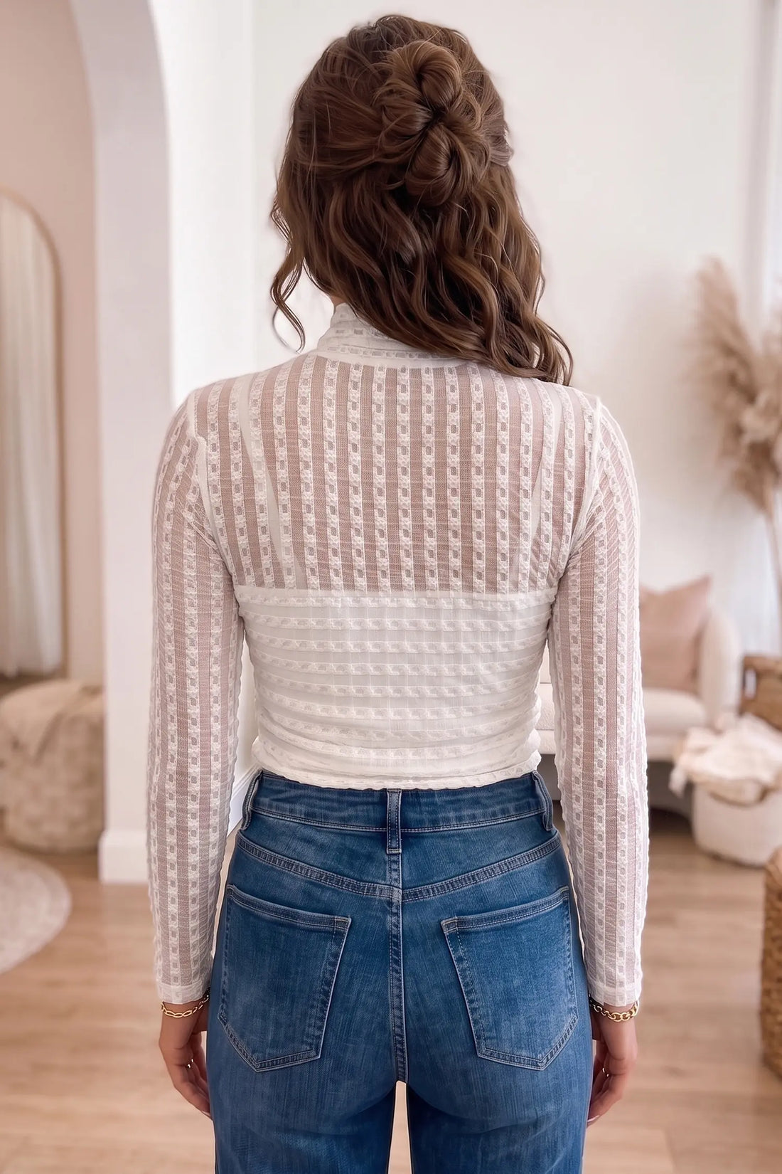 Textured Sheer Lace High Neck Long Sleeve Top – Beige
