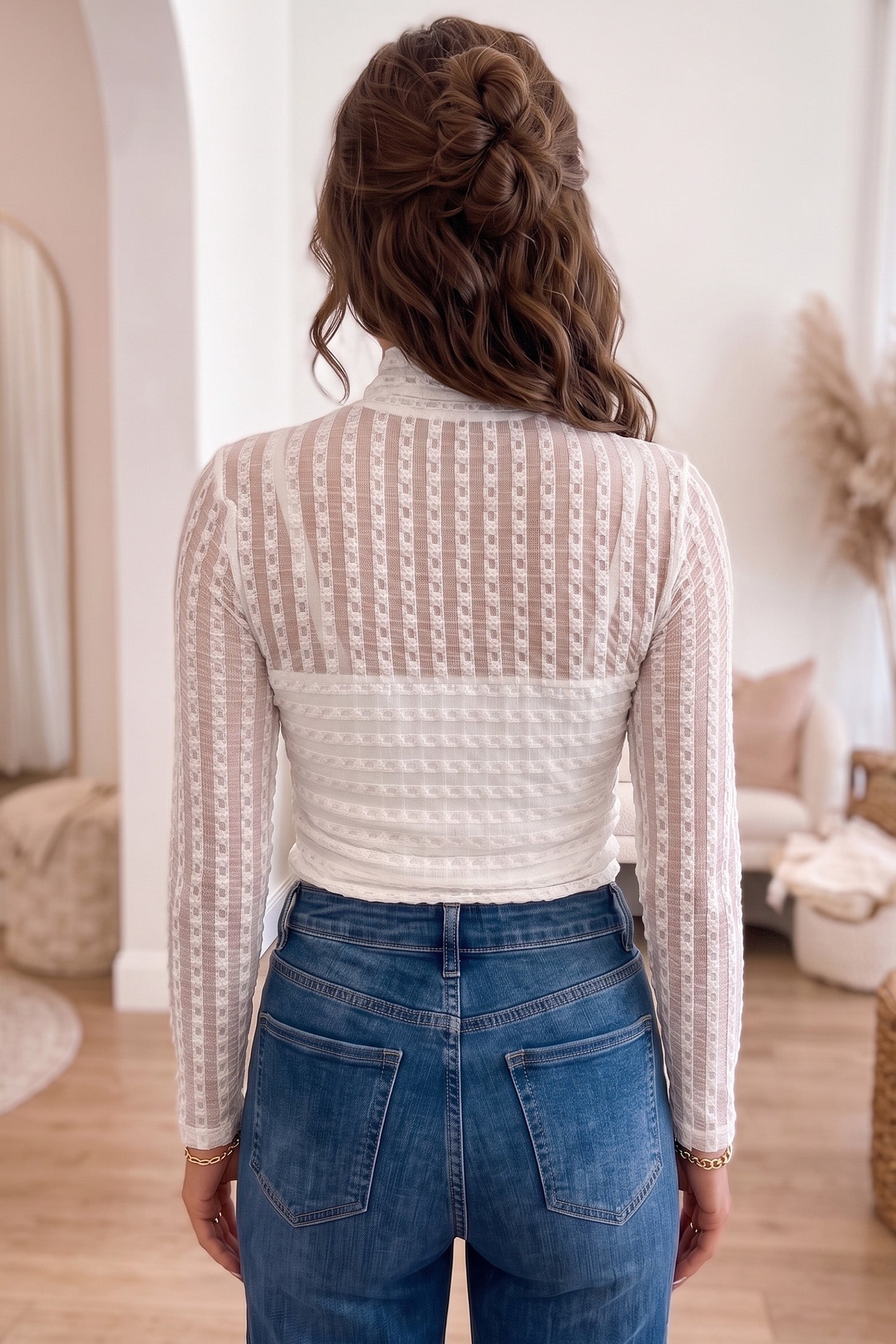 Textured Sheer Lace High Neck Long Sleeve Top – Beige