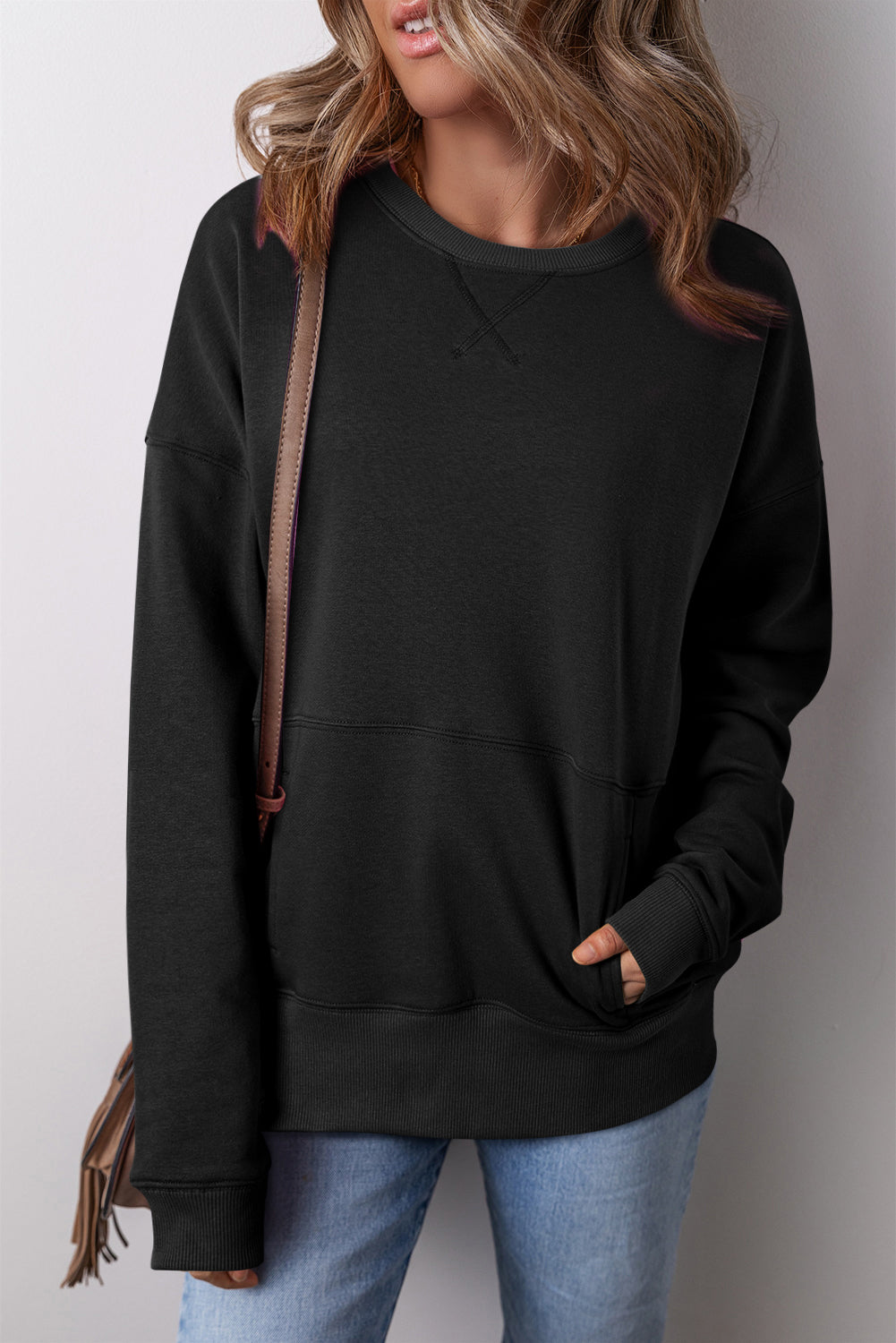 Black Drop Shoulder Crisscross Stitching Pocketed Loose Sweatshirt eAura