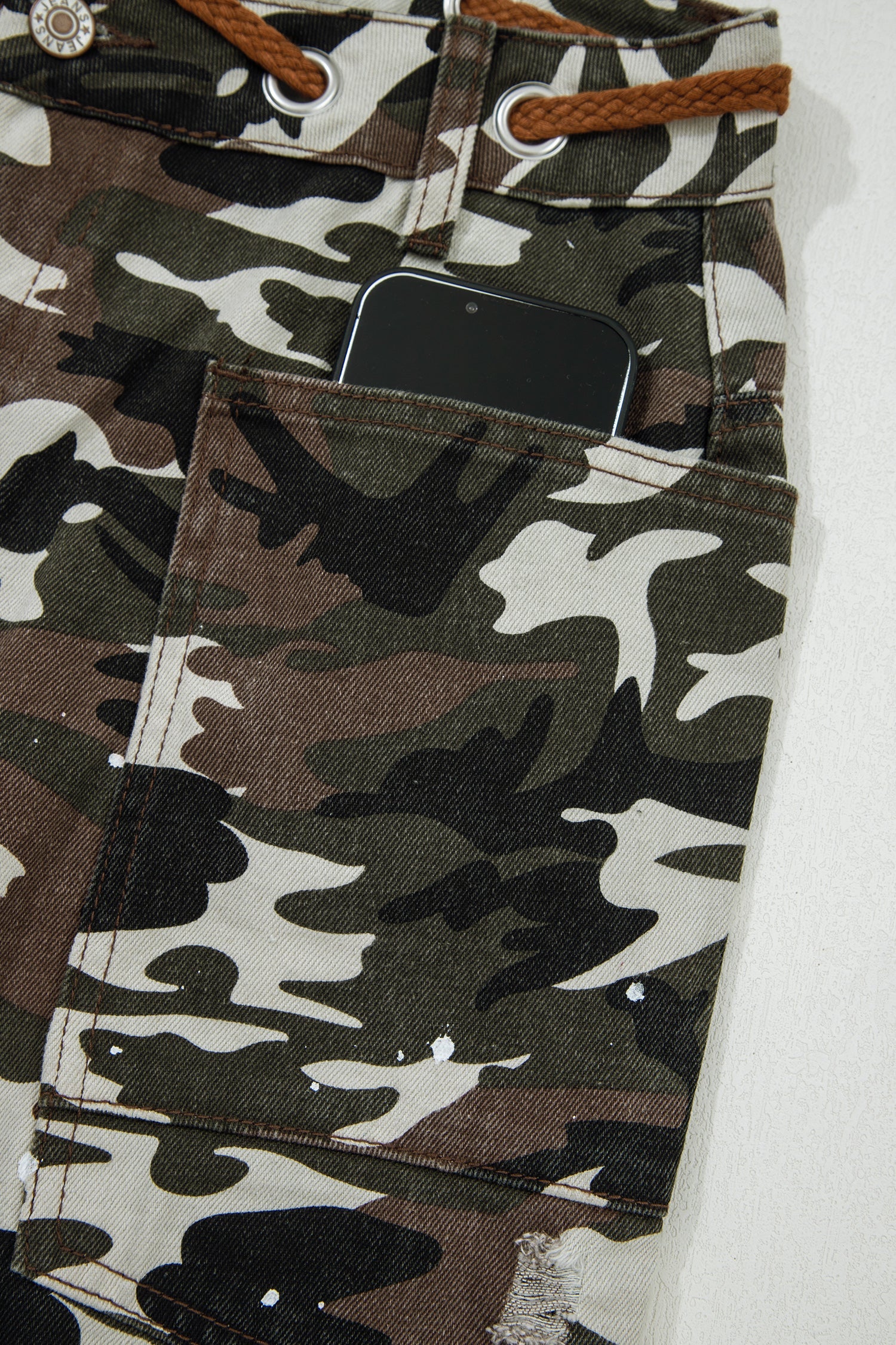 Camouflage Print Splashed Distressed Loose Denim Pants - eAura