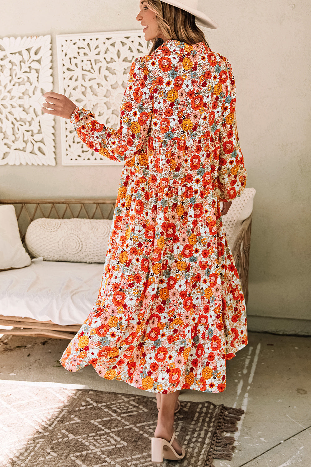MultiColour Boho Floral Collared Long Sleeve Ruffled Dress eAura