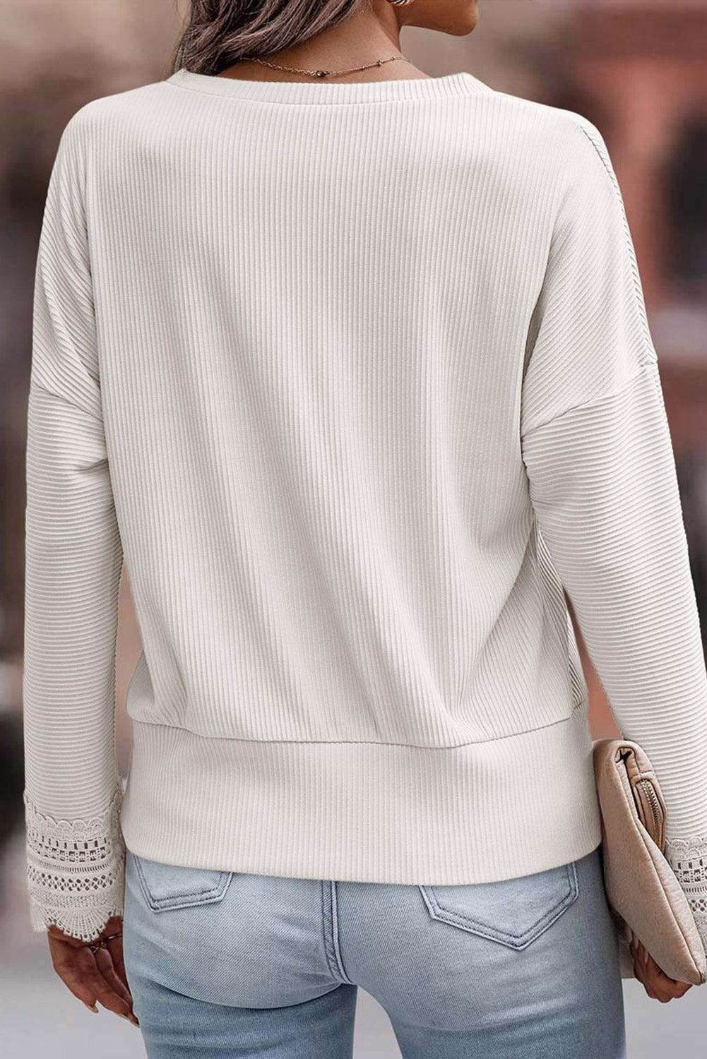 Ribbed Texture Lace Trim V Neck Long Sleeve Top BB Fashion Outlet