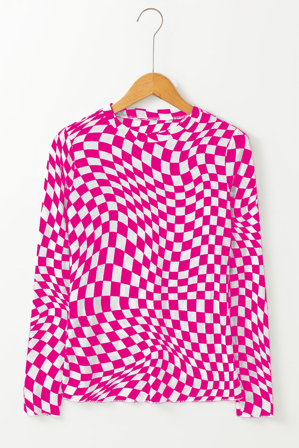 Checkered Pattern Mesh Mock Neck Long Sleeve Top - eAura