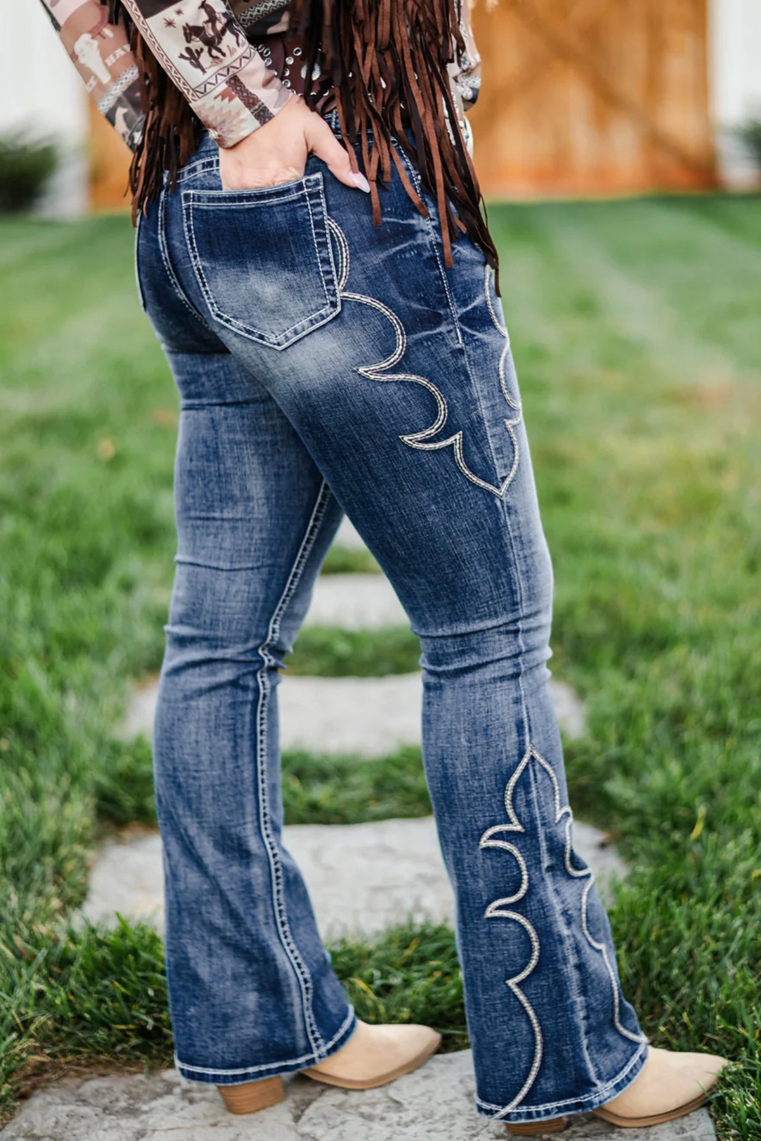 Western Embroidered Flare Full Length Jeans – Blue