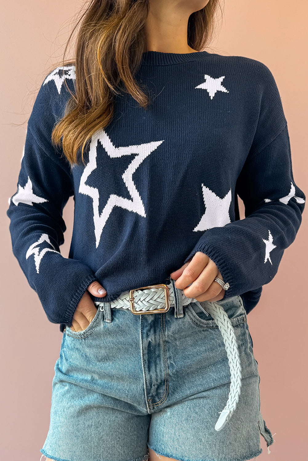 Sail Blue Star Pattern Drop Shoulder Knitted Sweater eAura