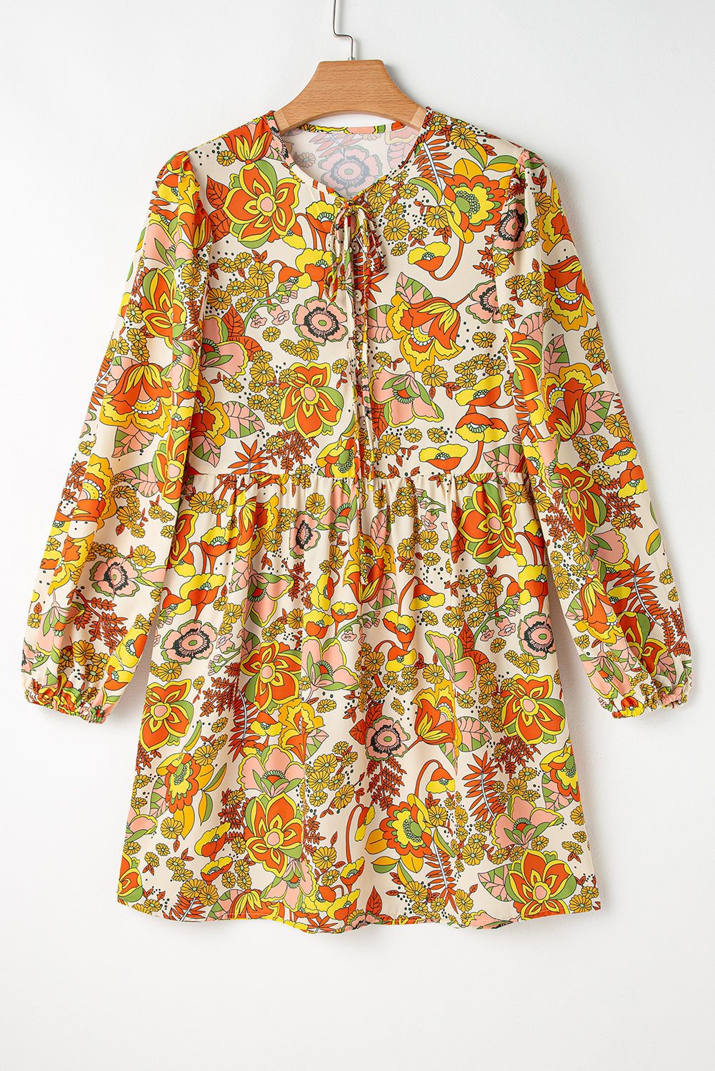 Yellow Cream Floral Print V Neck Puff Sleeve Mini Dress eAura