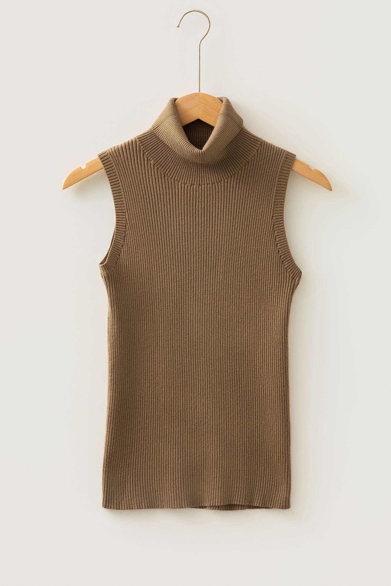 Western Ribbed Knit High Neck Sleeveless Waist Slim Fit Sweater Vest – Light French Beige