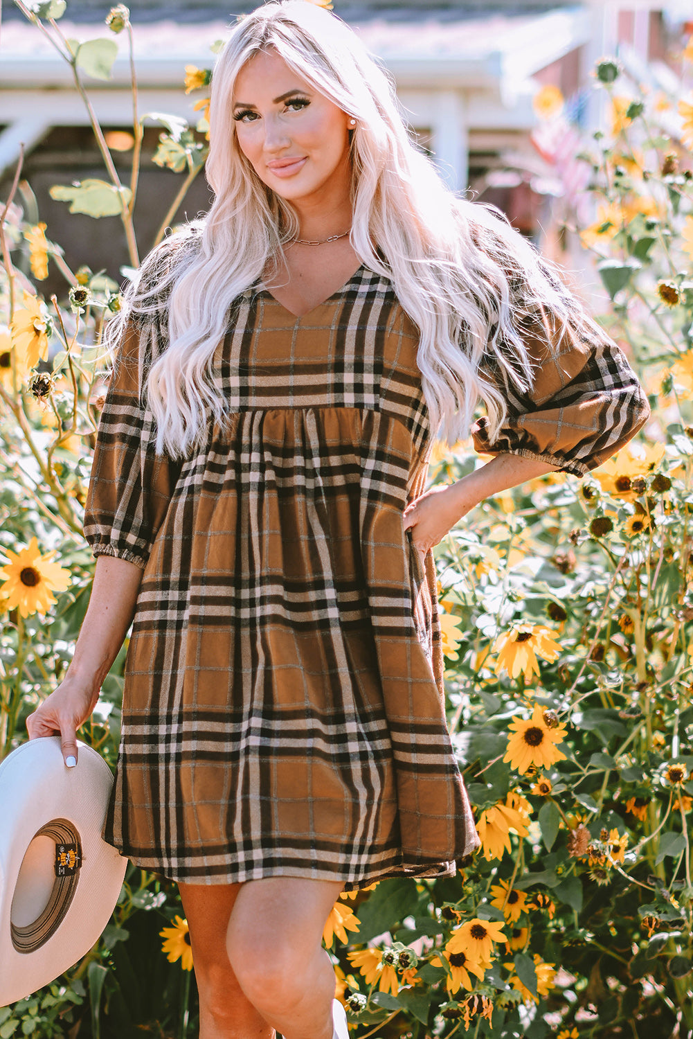 Brown Plaid Pattern Empire Waist Babydoll Dress eAura