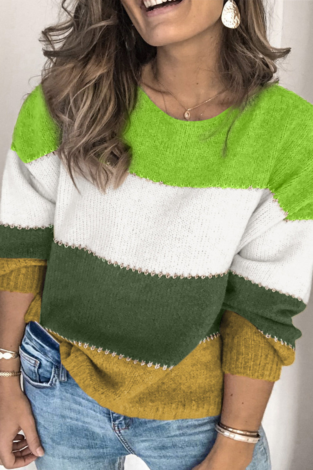 Green Plus Size Color Block Patchwork Sweater BB Fashion Outlet