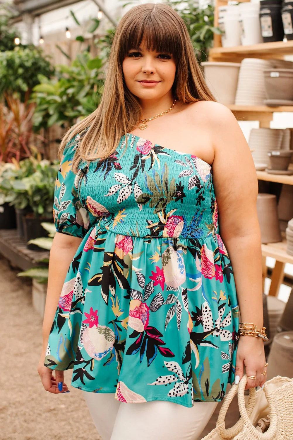 Green Plus Size Floral Smocked Bodice Single Puff Short Sleeve Babydoll Blouse BB Fashion Outlet