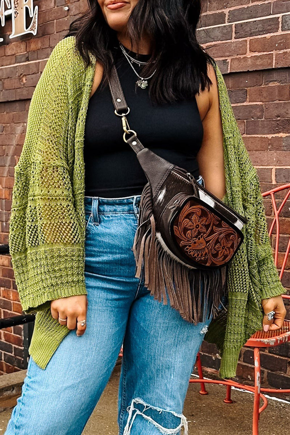 Green Oversized Crochet Knit Open Cardigan