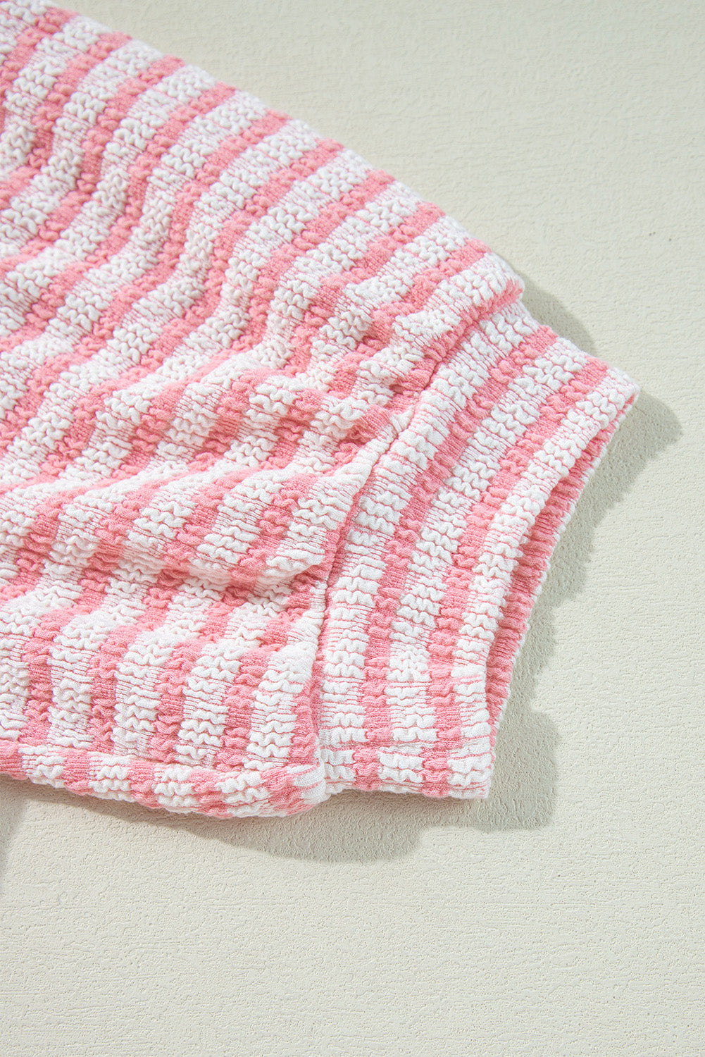 Pink Stripe Textured Puff Sleeve Crewneck Top eAura