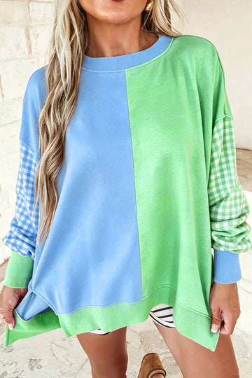 Colorblock Gingham Sleeve Crewneck Sweatshirt – Light Blue