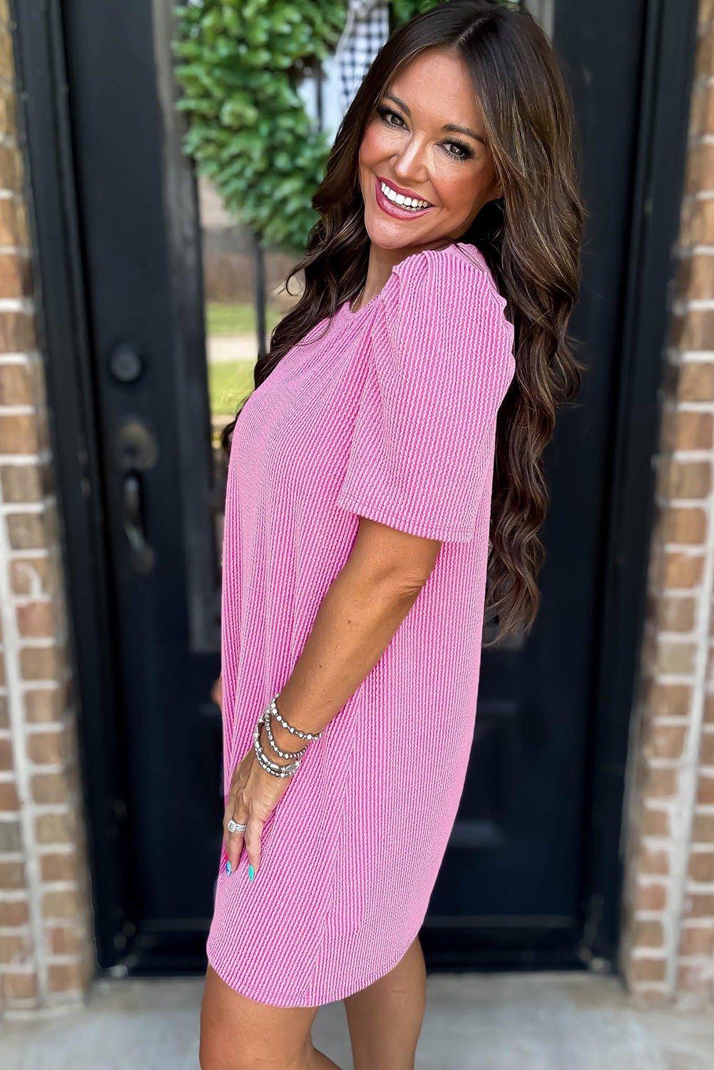 Bright Pink Ribbed Knit Crew Neck Puff Sleeve Shift Mini Dress eAura