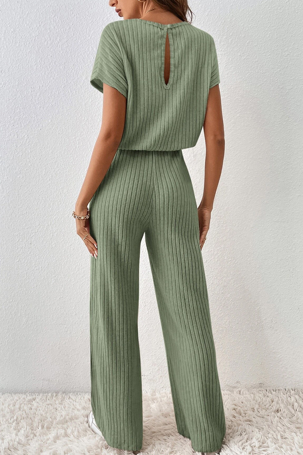Black Solid Colour Ribbed Short Sleeve Wide Leg Jumpsuit eAura
