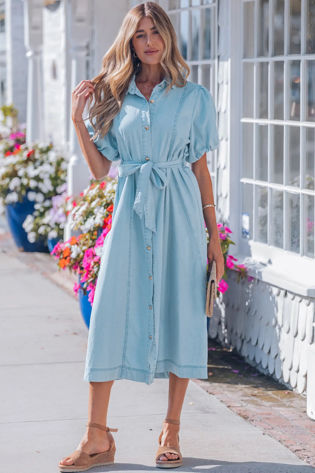 Full Button Collared Bubble Sleeve Long Denim Dress