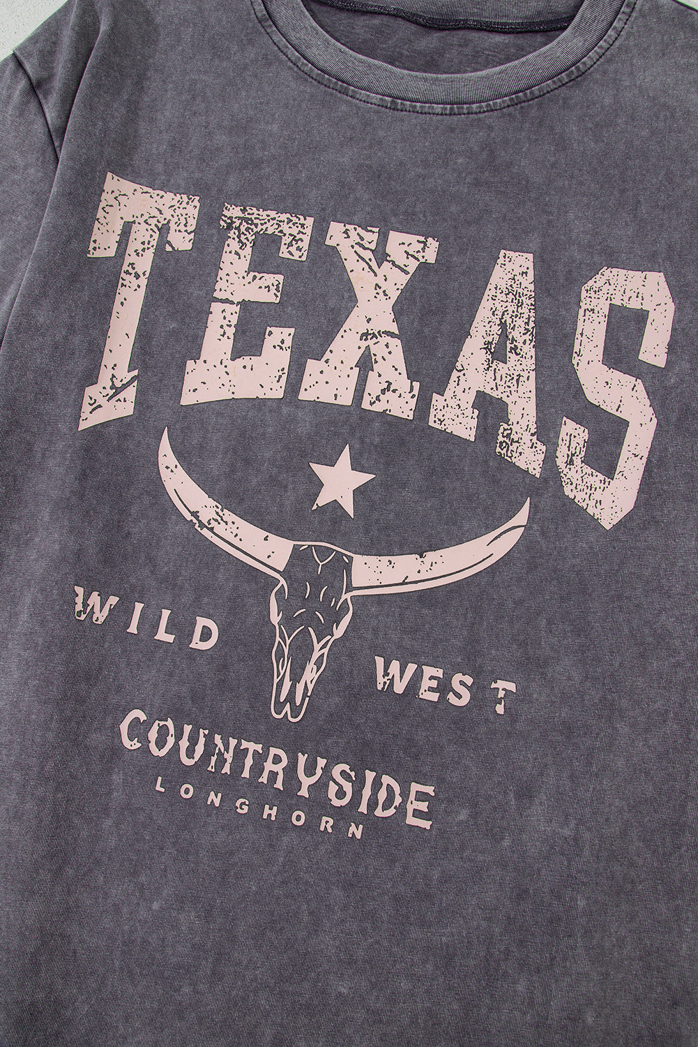 Grey TEXAS Steer Head Graphic Mineral Wash Oversized T Shirt eAura