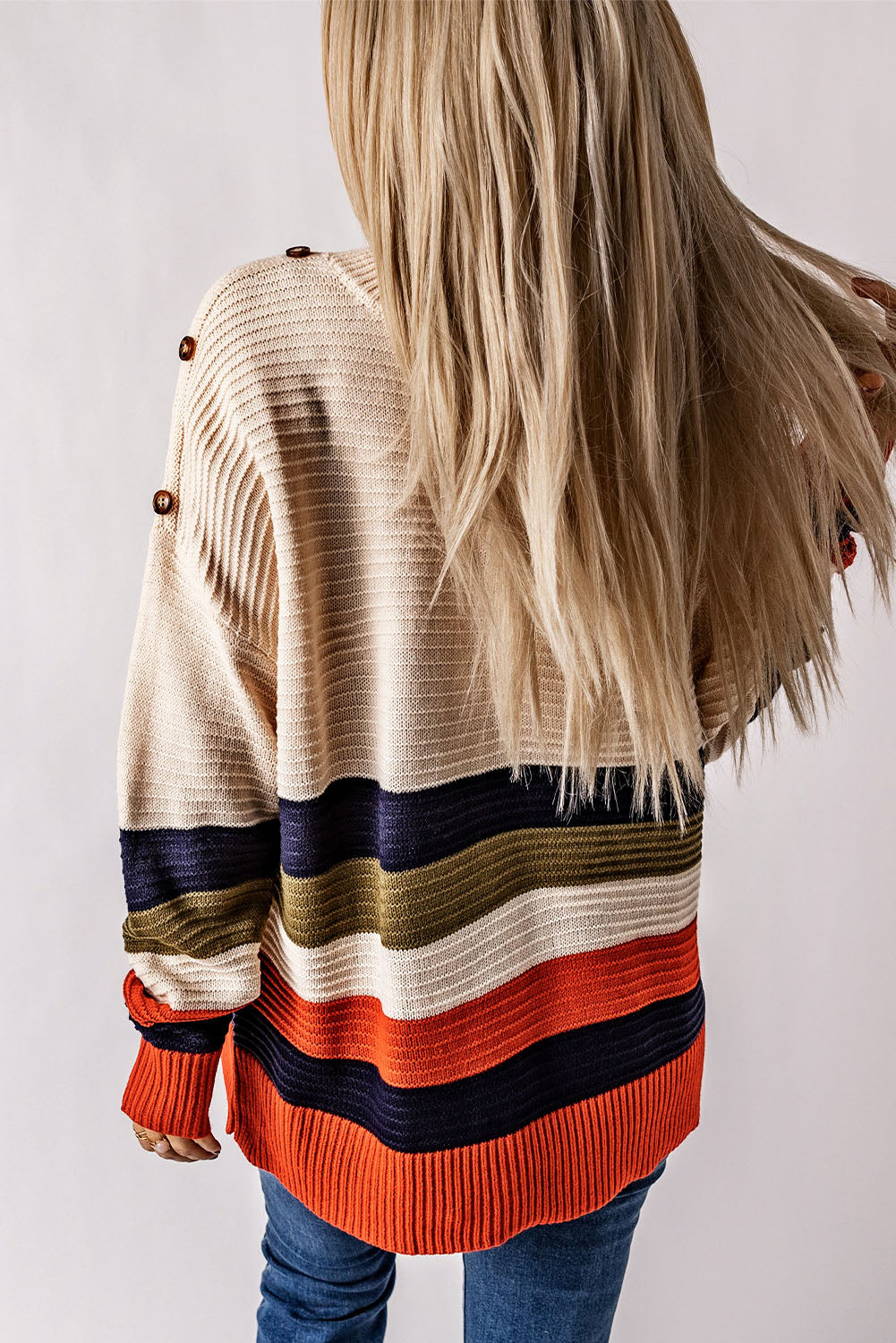 White Buttoned Shoulder Drop Shoulder Striped Sweater eAura