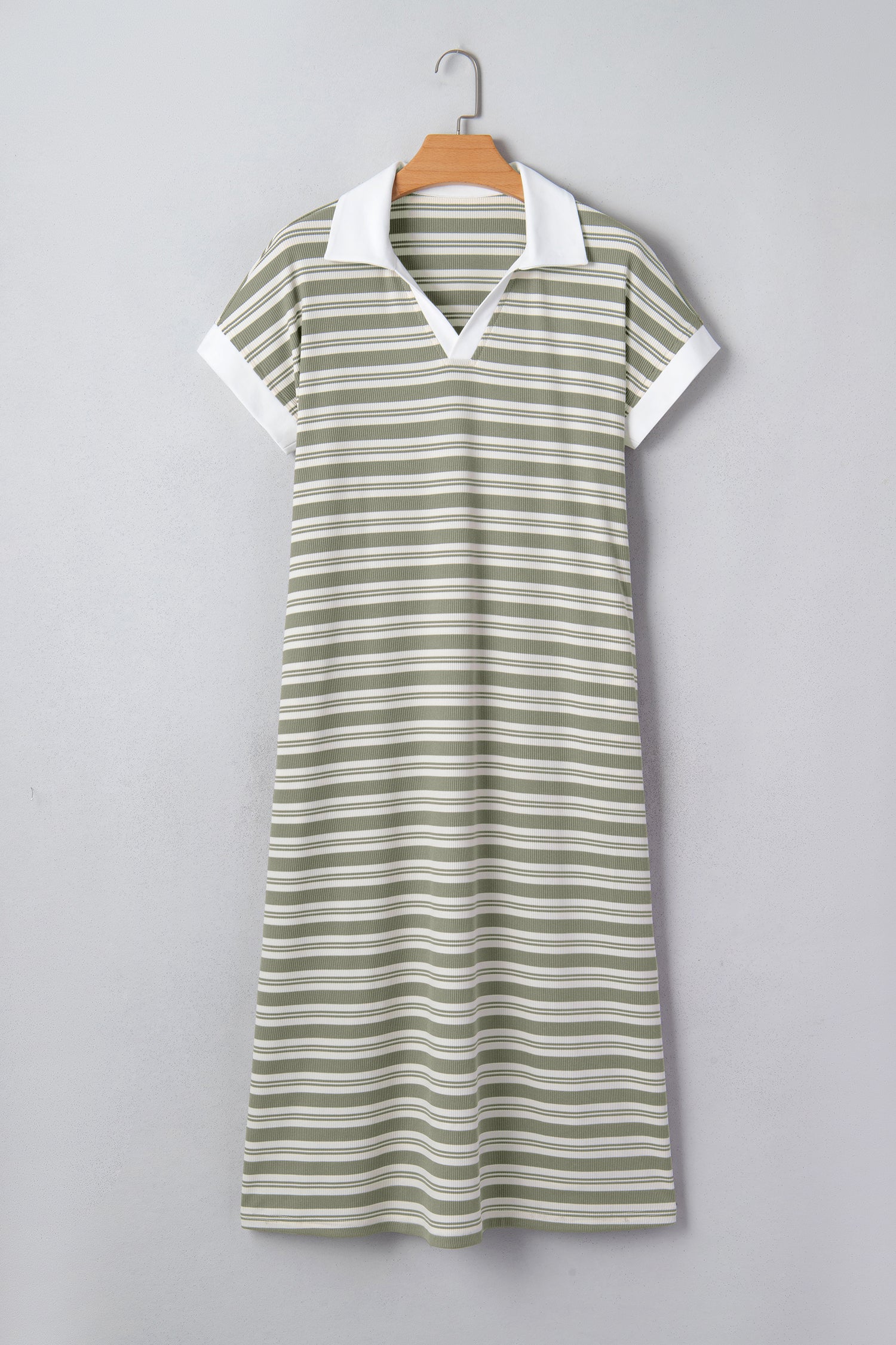 Stripe Collared V-Neck Short Sleeve T-Shirt Midi Dress with Pockets