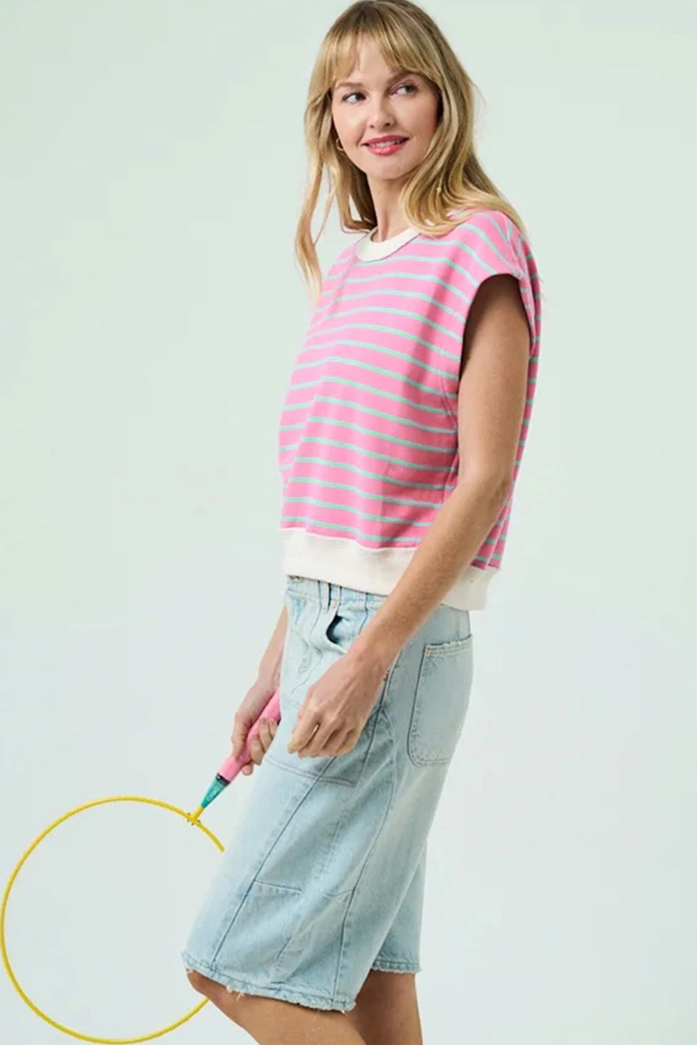 Pink Striped Crew Neck Cap Sleeve T Shirt - eAura