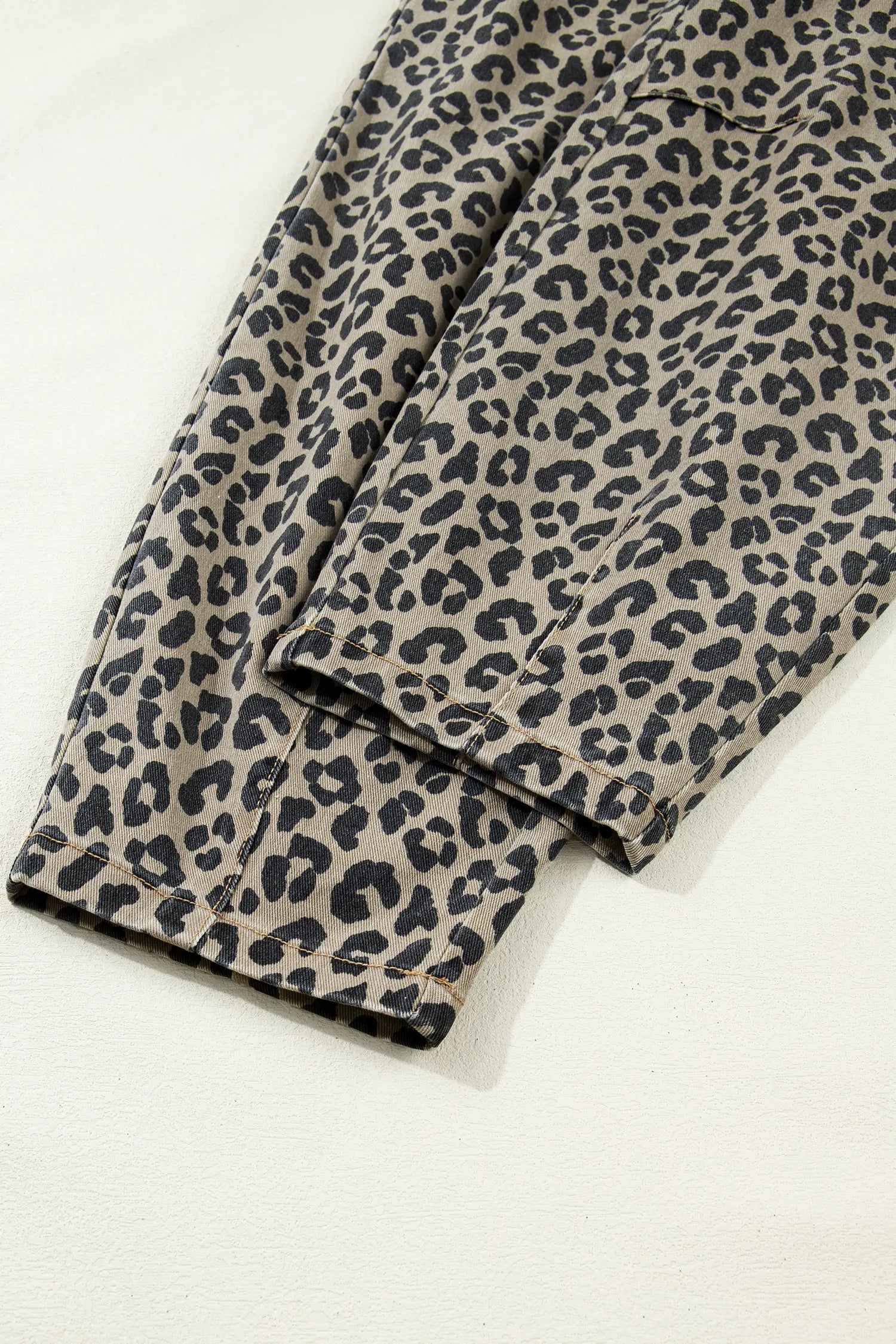 Khaki Leopard Print Drawstring Elastic Waist Loose Denim Pants with Pockets