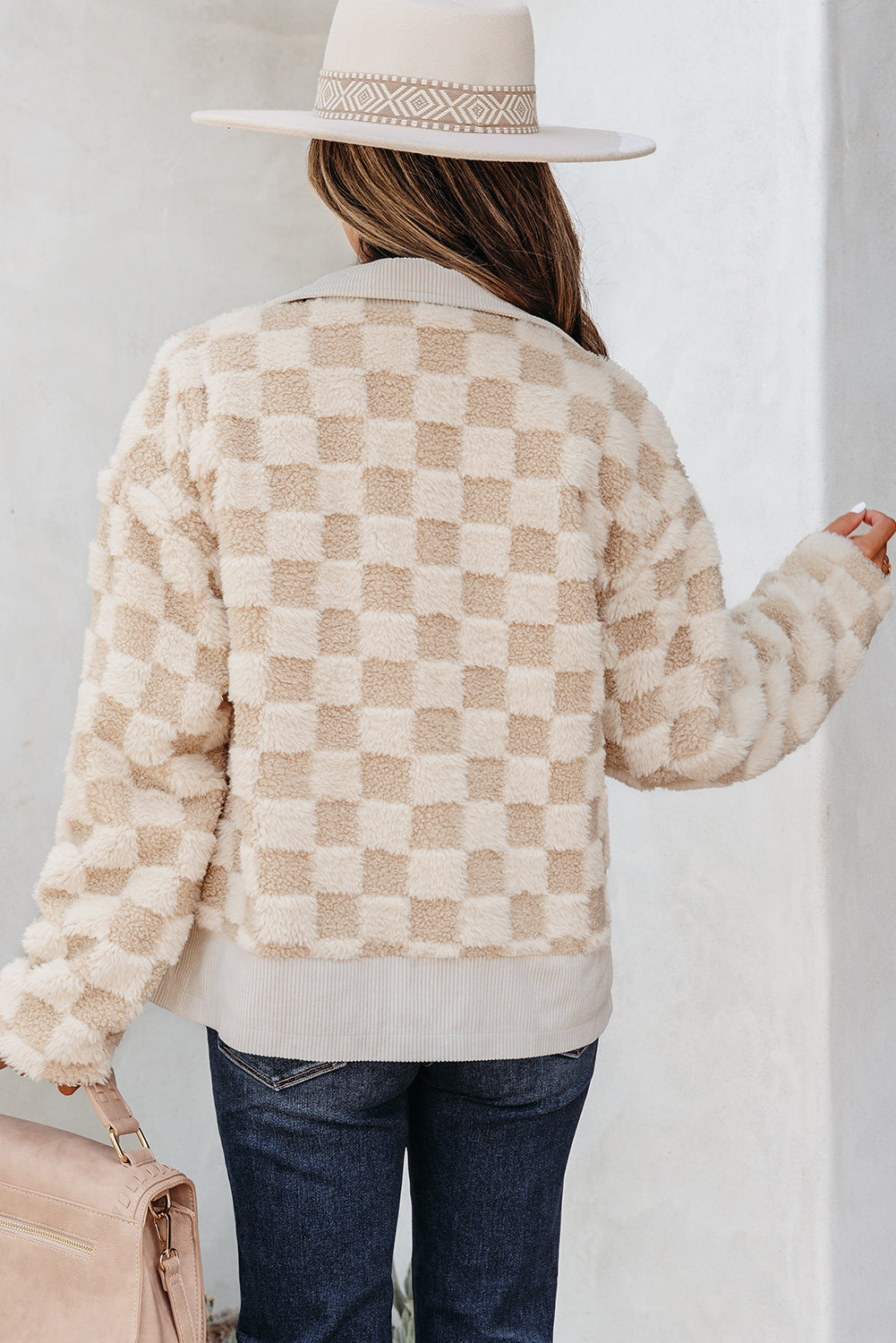 Checker Sherpa Corduroy Patchwork Zip up Collared Jacket eAura