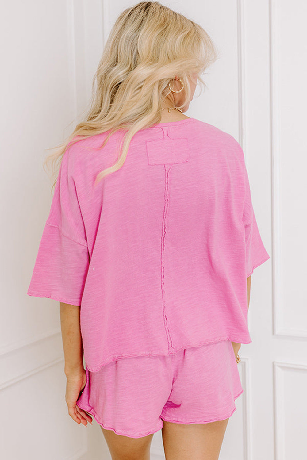 Pink Loose Fit Half Sleeve T Shirt and Skirt Set eAura