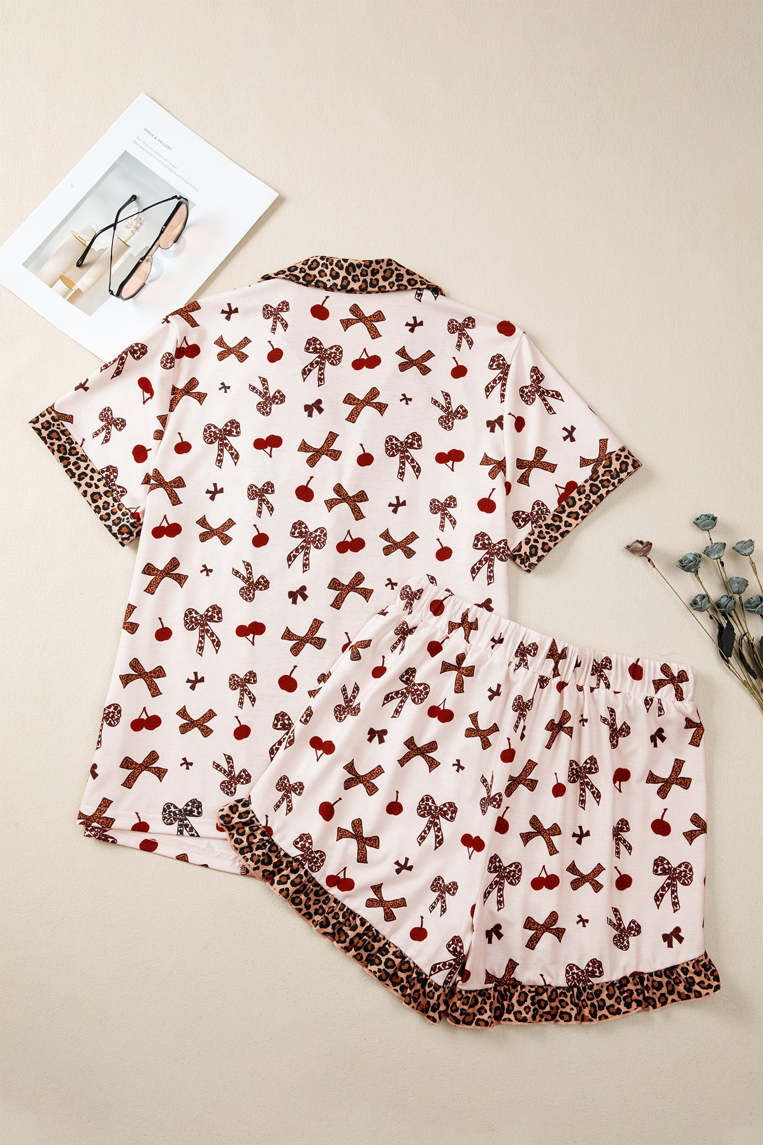 Chic Bow Cherry Print Leopard Contrast Shirt and Drawstring Pyjams