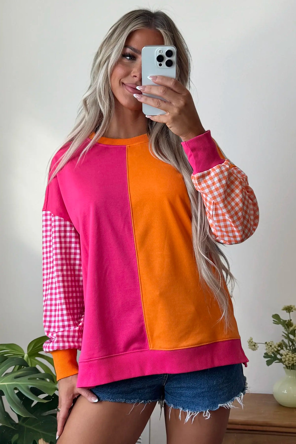 Colourblock Gingham Sleeve Crewneck Sweatshirt – Rose Red