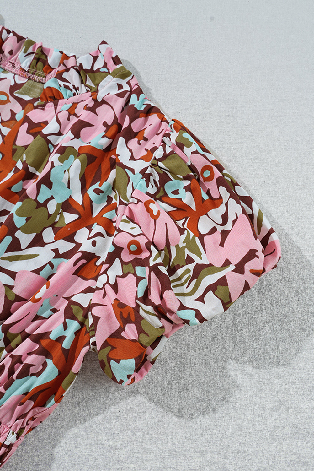Pink Floral Print Puff Sleeve Shirred High Waist Mini Dress eAura