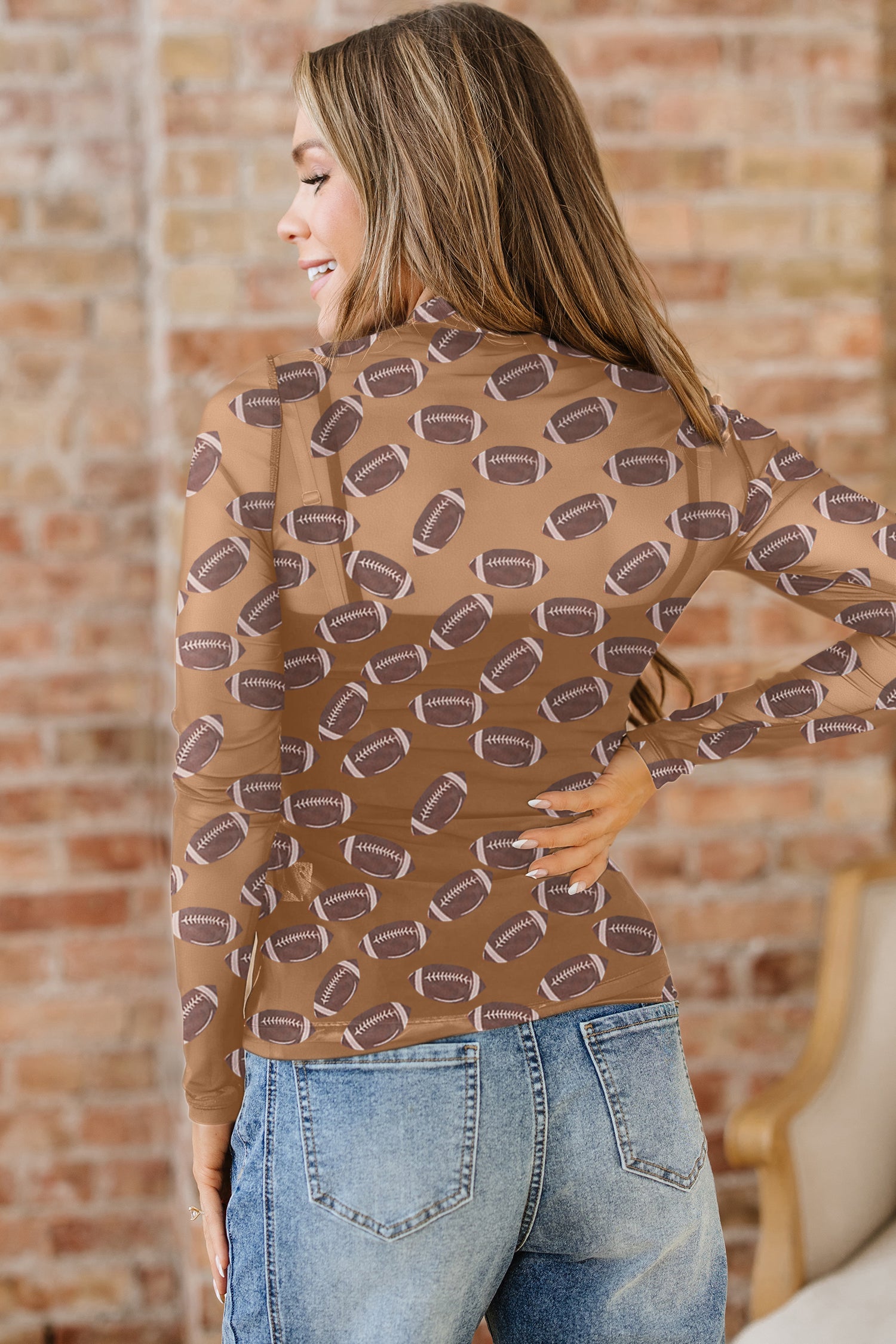 Brown Game Day American Football Mesh Sheer Long Sleeve Top - Tops/Long Tops