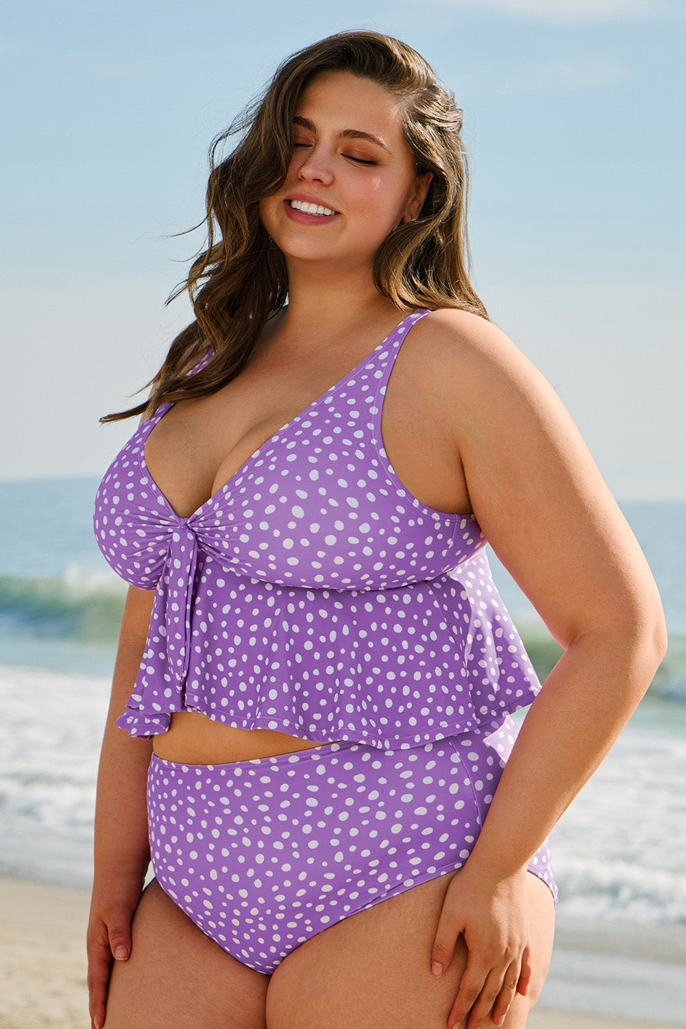 Purple Plus Size Polka Dot Print Ruffled Knotted V Neck Tankini Set BB Fashion Outlet