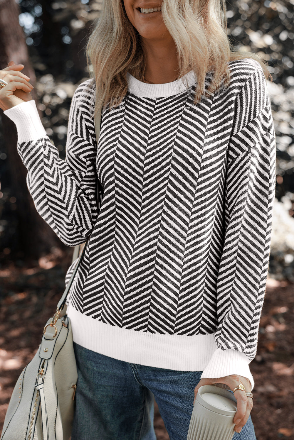 Black Contrast Edge Crew Neck Drop Shoulder Sweater eAura