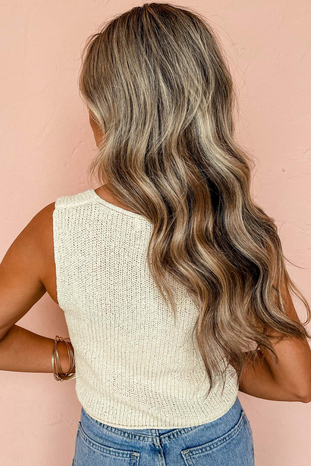 Beige Lace-up Front V Neck Sweater Vest eAura